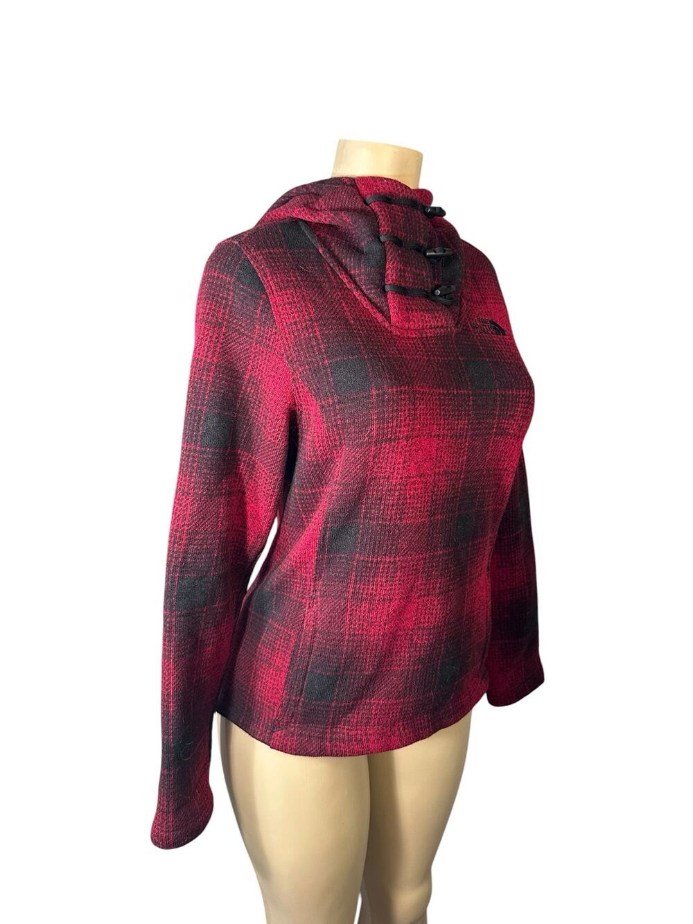 S The North Face Crescent Hooded Pullover Fleece Jacket Toggle Red Buffalo Plaid